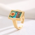 Verstellbarer goldener Siegelring mit blauem Tarot-Sonnenmotiv und bunten Edelsteinen - Gold Die Sonne Offener Ring (kc金 1436)