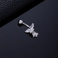 Silver belly button ring with zircon butterfly and flower design on reflective surface - Small Pentagram Butterfly Silver