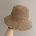 Handmade crochet straw bucket hat in khaki for sun protection during summer travel - 8cm Brim / Khaki