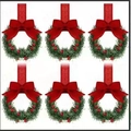 Set of six mini Christmas wreaths with pine needles, red bows, and berries for decor - Red Bow Wreath