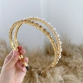 Double-layered gold headband with white pearls and amber crystal rhinestones - Pearl Yellow