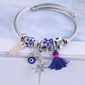 Ethnic Evil Eye beaded stainless steel charm bracelet with blue tassel and crystals - Blue