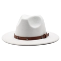Elegant white wool felt fedora hat featuring a brown leather band with silver buckles - One Size 58cm Circumference / White