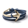 Multilayer navy leather anchor bracelet with golden hook clasp for men and women - Gold Navy Blue