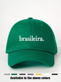 Detailed close-up of white brasileira embroidery on a dark green vintage cotton baseball cap - Adjustable / Olive Green