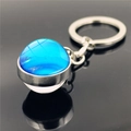 Macro shot of solar system glass ball keychain with blue nebula pattern on black reflection - Blue Galaxy