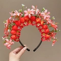 Serre-tête floral pour enfants avec roses rouges et fleurs roses pour tenues Hanfu chinois - Fleur de Flamme Rouge