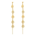 Detail of gold leaf fringe earrings featuring hollow circular links and a vertical metal bar - E1051-Gold Long Five Ring Dangle