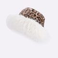 Gorro de pescador con estampado de leopardo y borde de pelo sintético blanco grueso - Blanco