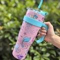 Pink 40oz stainless steel tumbler with ocean cartoon prints and a blue ergonomic handle - 1250ml / Coral Purpose