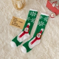 Green and white plush Christmas socks featuring snowman patterns on a soft background - Large Snowman / Knee High