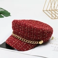 Red tweed baker boy hat with gold chain detail and metallic texture for autumn winter - Adjustable / Plaid Newsboy Cap / Red