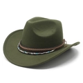Detail of dark green felt cowboy hat with braided leather band and ethnic metal beads - M (56-59cm) / Army Green