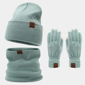 Detail of mint green winter knit set showing faux leather snowflake patch and touchscreen tips - Bean Green