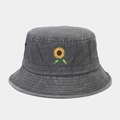 Detailed view of yellow sunflower embroidery on vintage washed denim bucket hat with eyelets - M (56-58cm) / Gray