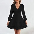 Sexy schwarzes V-Ausschnitt Kleid mit rückenfreier Schnürung und Volant-Saumlage - S / Schwarz