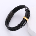 Bracelet minimaliste pour homme en cuir tressé noir avec anneau décoratif doré - Noir & Or