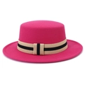 Classic rose red wool felt flat top hat with striped decorative ribbon band for women - One Size 58cm Circumference / Rose Red