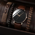 Brown leather watch with black dial paired with three assorted braided bracelets in a gift box - Brown Leather Strap Set S00201-6 (Watch And Bracelets)