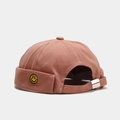 Rear view of dusty pink cotton docker hat with yellow smile embroidery and metal buckle - Solid Smile Dusty Pink