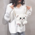 Cute white plush cat-shaped shoulder bag featuring a golden metal chain strap - White