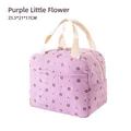 Insulated corduroy lunch bag with purple flower pattern and cream white handles - Purple Flower