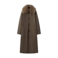 Women's long faux fur trim trench coat with button closure and large collar in dark olive - XS / Brown