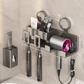Gunmetal suction wall toothbrush holder with hairdryer stand and storage slot - 2-Person + Toothpaste Dispenser