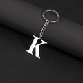 Polished silver stainless steel keychain featuring a capital letter K on black leather - Letter K