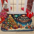 Detail of Christmas flannel doormat featuring a festive snowman and New Year patterns - Snowman Happy New Year