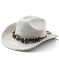 Detail of grey suede cowboy hat with bohemian turquoise beadwork and wide brim - M (56-58cm) / Light Gray