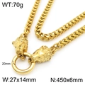 Golden punk double lion head steel chain necklace with 20mm round ring clasp - Gold Lion Head / 45cm