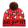 Red Christmas knit hat with colorful light bulb patterns and Let's get LIT slogan - Colored Lights and LET'S GET LIT Style