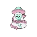 Grüne Alien-Katze UFO-Emaille-Pin mit GET ME-OWT OF HERE Banner und Silberrand - Außerirdische Katze mit Banner Text (XZ4396)