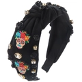 Fashionable Halloween velvet knotted headband with rhinestones and skull floral patches - Black
