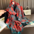 Silk scarf with red and teal floral prints on black, elegant large shawl for women - Red Flowers Green Leaves / 180CM-130CM