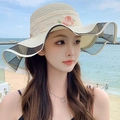 Beige wide-brim straw sun hat with pink floral embroidery and black wavy mesh trim - Wave Rose Creamy White