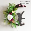 Halloween crescent moon wreath with black cat, white roses, and 25x30cm size details - White Peony Cat