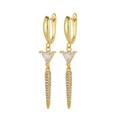 Detail of 18K gold plated drop earrings featuring triangle zircon and pavé crystal charms - Triangle Zirconia Spike Style (CXE1028)