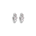 Detail of silver hoop earrings with three vertical round pink gemstones in a set - Silver (Three-Stone Huggie)