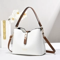 Chic bucket bag in white and brown contrast PU leather with golden hardware - White