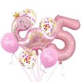 Pink crown dinosaur balloon set for 5th birthday party featuring giant number 5 foil balloon - Pink Crown Dinosaur, Number 5, Sequin Balloon, Latex Balloon