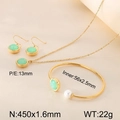 Golden stainless steel jewelry set with green cubic zirconia stones and pearl detail - 3-Piece Set (Necklace + Earrings + Bracelet) / Gold Green