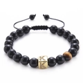 Detail of adjustable black onyx bracelet with tiger eye stone and gold letter K bead - Letter K-Black Agate Bracelet