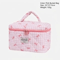 Borsa da toilette rosa a scacchi con motivo a fiocco rosso e manico per cosmetici - Borsa a Secchiello Rosa