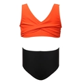 Two-piece girls bikini featuring a bright orange V-neck top and high-waisted black bottoms - 104 / Orange and Black