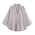 Women's brown white striped shirt with v-neck, button-down front and 3/4 sleeves - XS / Brown White Striped