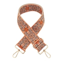 Close-up of wide ethnic embroidered bag strap in orange and brown with gold metal hooks - Orange Khaki Flower