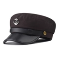 Detail of nautical anchor emblem on dark brown baker boy hat with leather visor - M (56-58cm) / Anchor Style Coffee