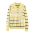 Yellow striped long sleeve polo knit top with dark buttons and ribbed cuffs - S / Yellow